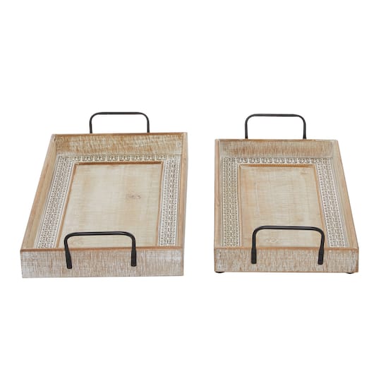 Brown Wood Boho Style Tray Set